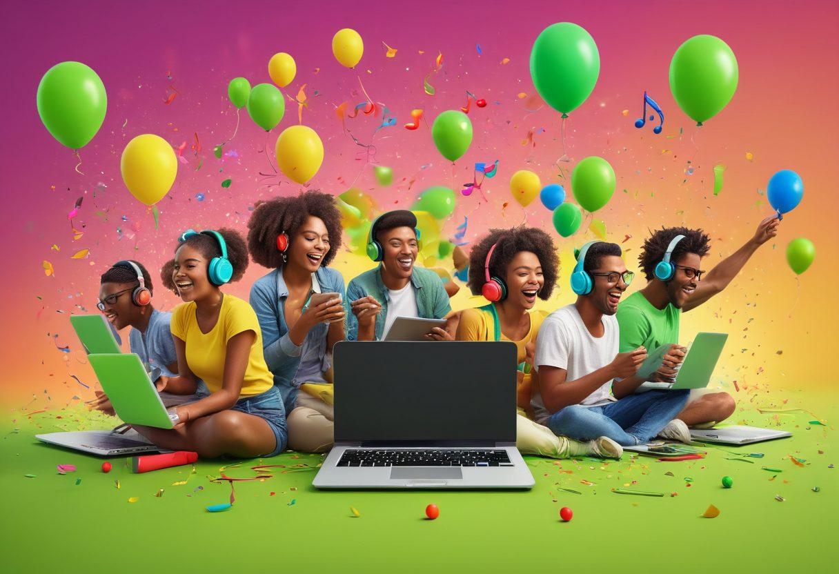 A vibrant scene depicting diverse people joyfully sharing music digitally on laptops and smartphones, surrounded by colorful musical notes and cheerful lime green accents. Include a festive atmosphere with balloons and confetti, symbolizing community and celebration in music sharing. Illustrate a sense of connection and happiness, with smiling faces and headphones. super-realistic. vibrant colors. 3D.