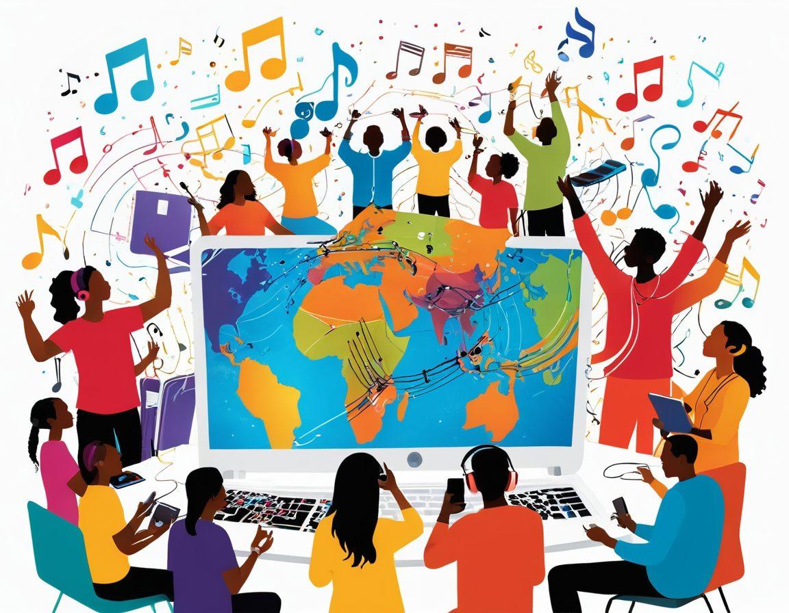 A vibrant digital illustration showcasing a diverse group of people joyfully sharing music through devices like smartphones and laptops in a bright, colorful environment. Incorporate musical notes floating in the air and elements representing various music genres to symbolize a thriving online community. Add whimsical details like headphones, vinyl records, and a global map highlighting connections. super-realistic. vibrant colors. white background.