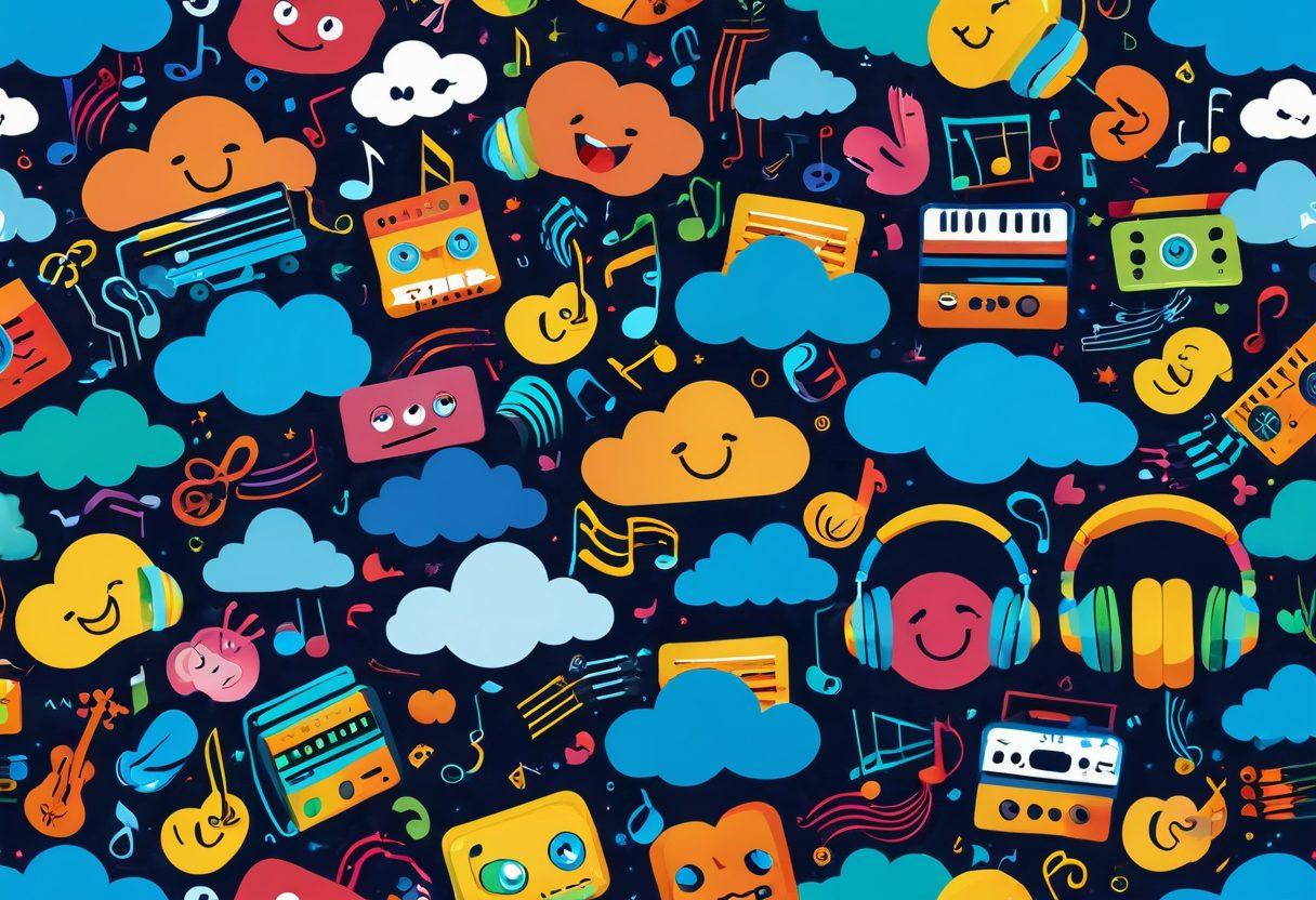 A colorful digital collage representing music collaboration, featuring vibrant sound waves intermingling with cheerful cartoon characters sharing headphones and small musical instruments. Include elements of cloud storage icons and playful fan emojis, surrounded by a euphoric musical atmosphere. The overall tone should be cheerful and energetic, symbolizing community and connection in the digital music world. vibrant colors. vector art. whimsical style.